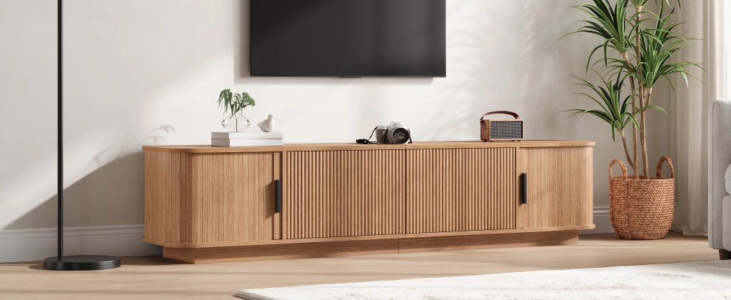 Mobile porta TV con LED, 2 cassetti e 2 ante scorrevoli, per soggiorno, in MDF e PB, naturale, 180 × 40 × 40 cm