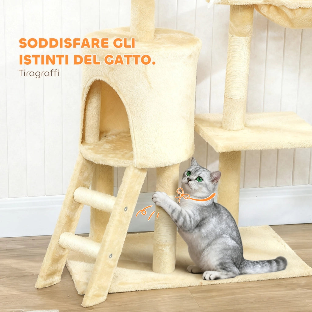 Albero Tiragraffi per Gatti 60x35x134 cm con Casetta Trespolo Piattaforme e 4 Topolini Appesi in Truciolato e Sisal