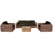 Set Salotto da Giardino Divano 2 Poltrone e Tavolino con Cuscini in Rattan Marrone