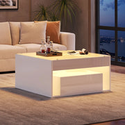 Tavolino basso con 2 cassetti piano in vetro temperato LED e vano centrale in MDF bianco 70 × 70 × 35 cm