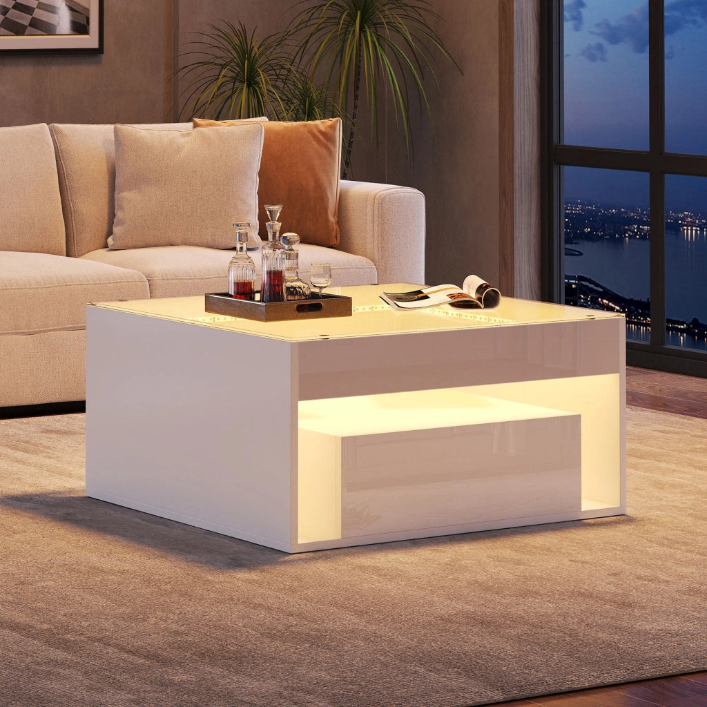 Tavolino basso con 2 cassetti piano in vetro temperato LED e vano centrale in MDF bianco 70 × 70 × 35 cm