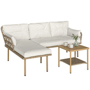 Set da Giardino 3pz con Chaise Longue, Divanetto, Cuscini e Tavolino, in Rattan e Acciaio, Bianco Crema e Legno