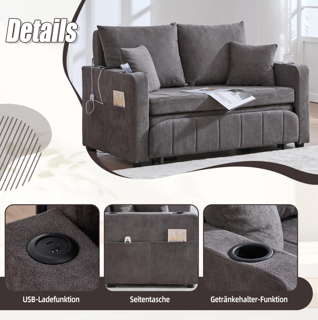 Divano letto multifunzionale in chenille grigio 139x83x58 cm; con cuscini e tasca laterale