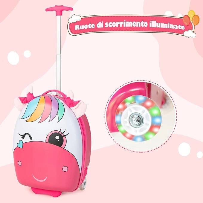 Valigia per Bambini da 16" con Ruote illuminate, Valigia con Manico Telescopico in Alluminio, Regalo per Bambini, 33 x 22 x 45 cm (unicorno(4))
