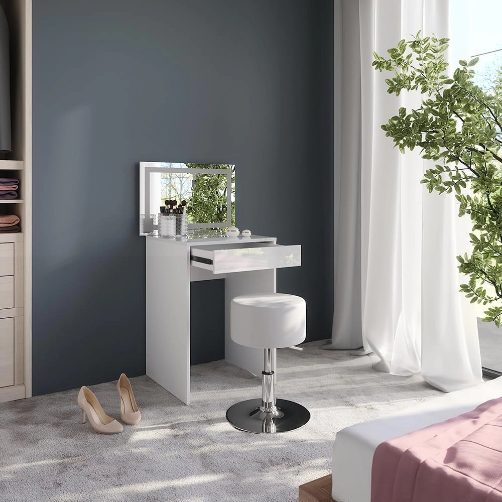 Tavolo da toeletta Sherry, Bianco/bianco lucido, 51.4 cm con specchio LED e sgabello