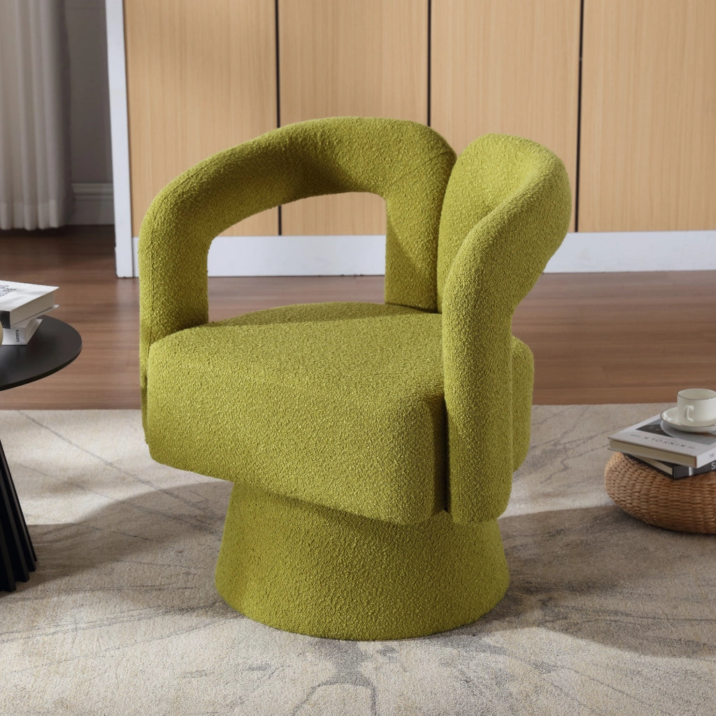Poltrona girevole 360° in bouclé verde oliva, seduta imbottita con base metallica, per soggiorno e camera da letto