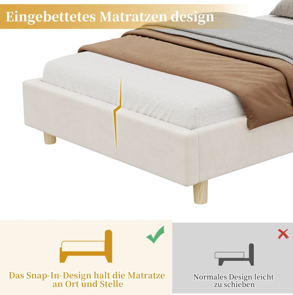 Letto singolo imbottito ULEVR 90x200 cm con rete a doghe, USB e Type-C, luce notturna, beige