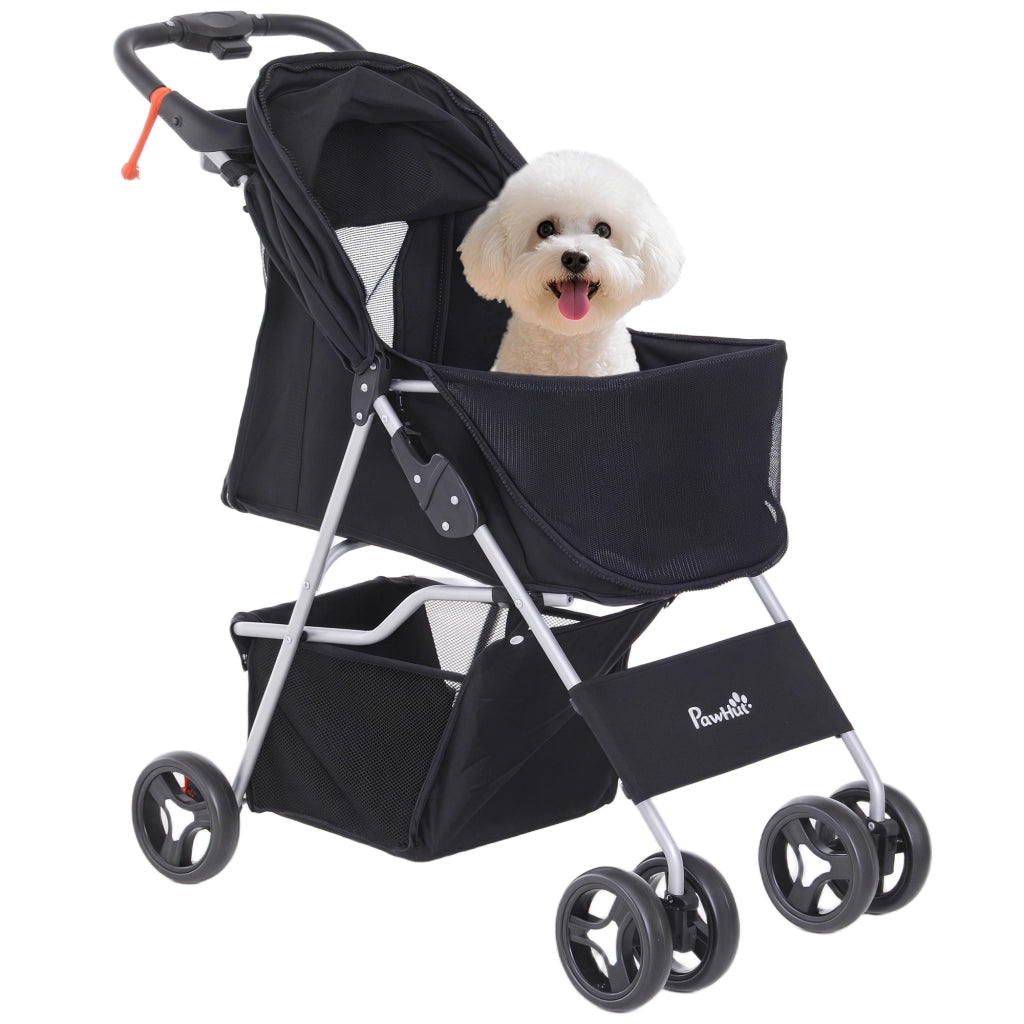 Carrello per Cani con Tettuccio Regolabile ¨C Xylo ¨C Tessuto Oxford Nero 77x45x99,5cm con Cestino e Freni