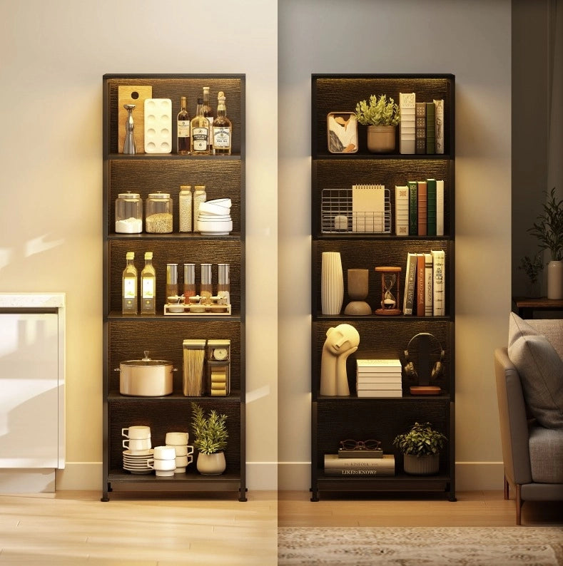 Libreria a 5 livelli 60x30x179 cm in legno e metallo nero con LED