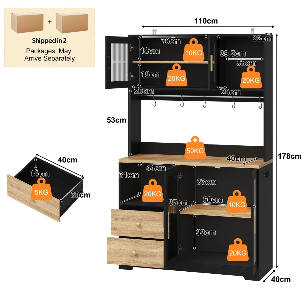 Credenza alta 110x40x178 cm con LED; prese USB e vetrina in MDF nero