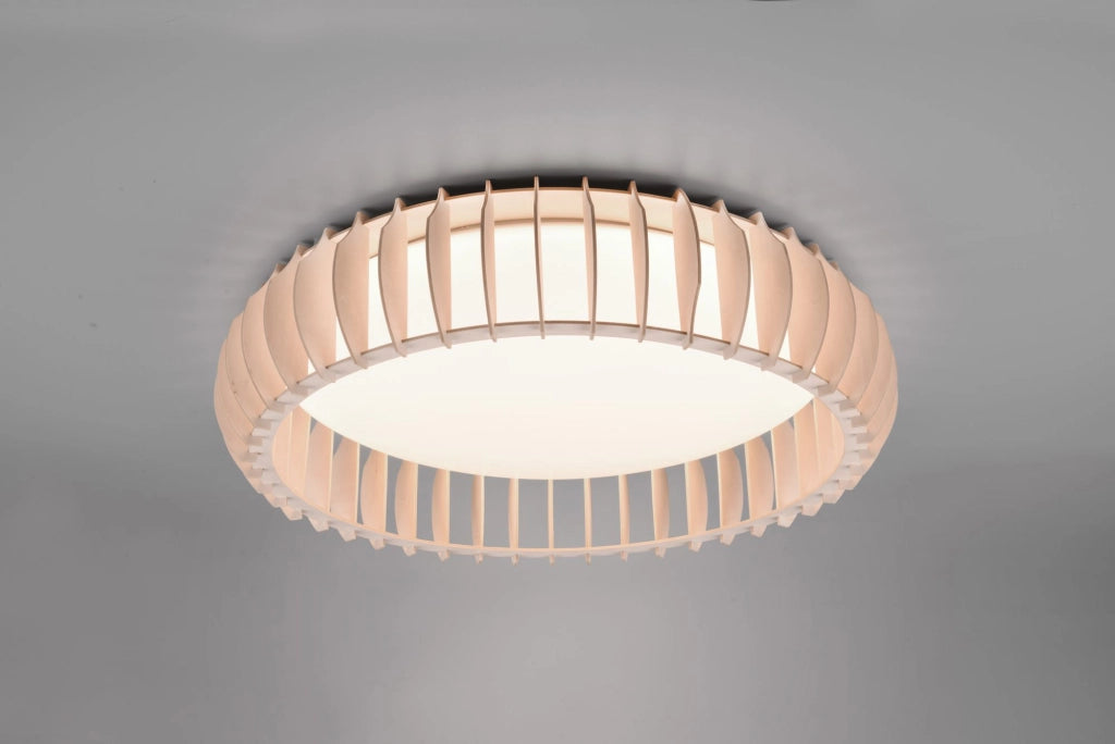 MONTE PLAFONIERA LED  38W 4400lm, 3000 - 6500K CON STRUTTURA LEGNO COLORE NATURALE CON TELECOMANDO MULTIFUNZIONE D.60CM DIMMERABILE