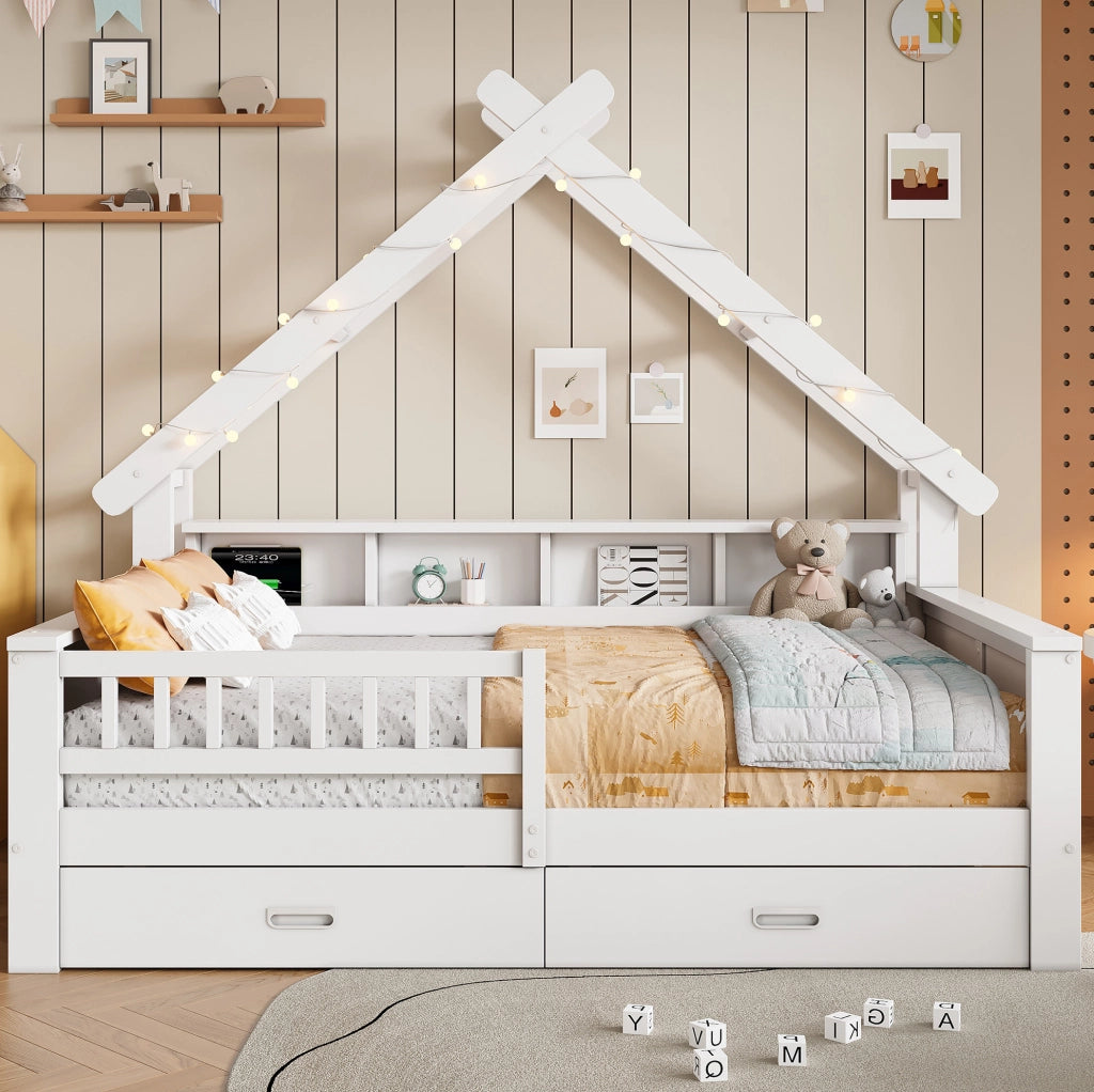 Letto a casetta con LED; 140x200 cm; con ripiani e 2 cassetti; in MDF e pino; bianco