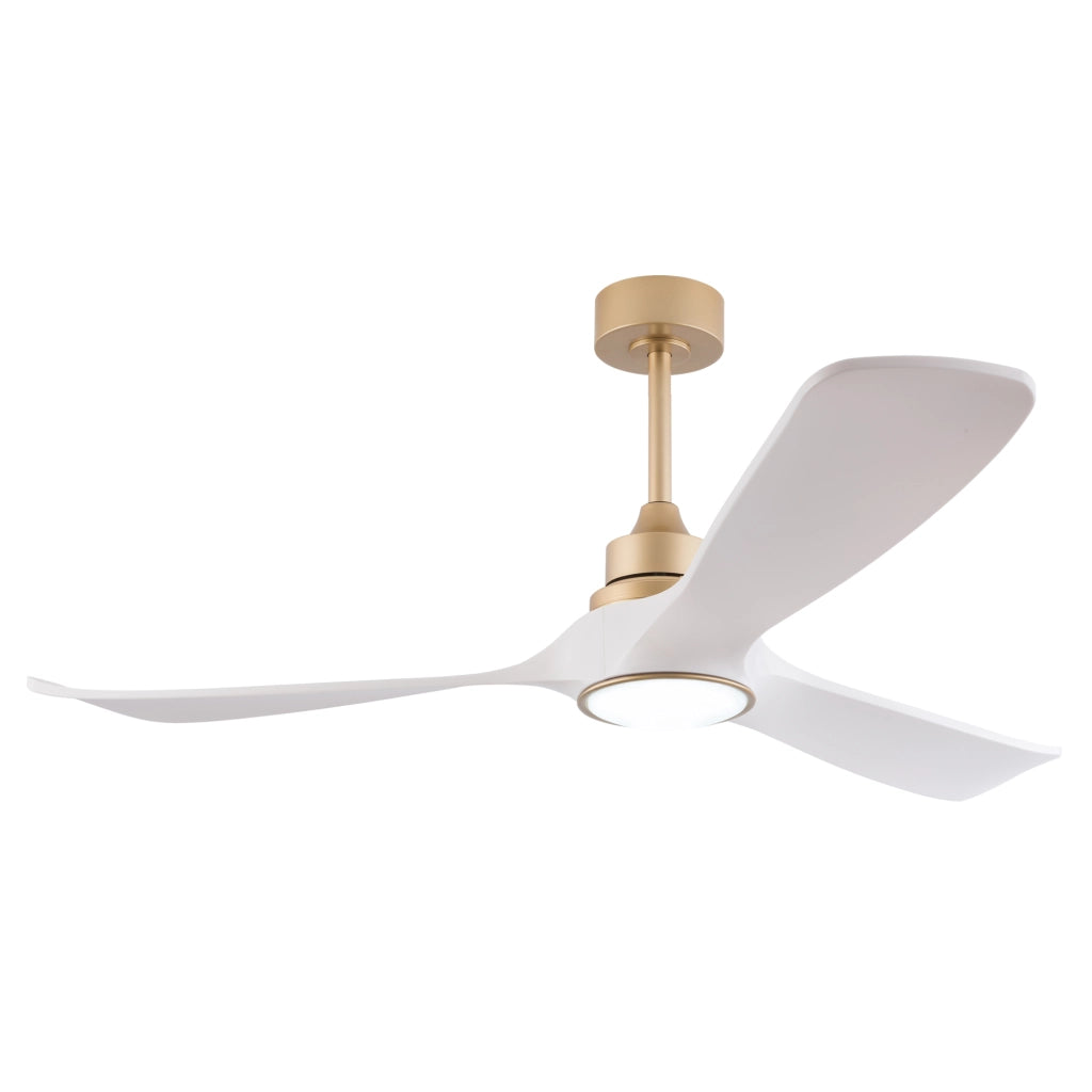 Ventilatore da soffitto con luce 52 pollici; motore DC reversibile; telecomando; bianco e oro
