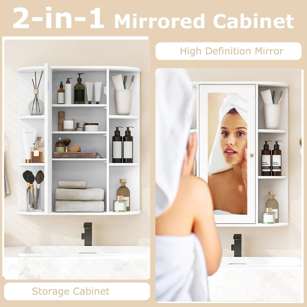 Armadietto Bagno a Parete, Mobiletto Pensile con Ante di Specchio, 6 Scomparti Laterali, 2 Colori Disponibili, 60x16,5x70 cm