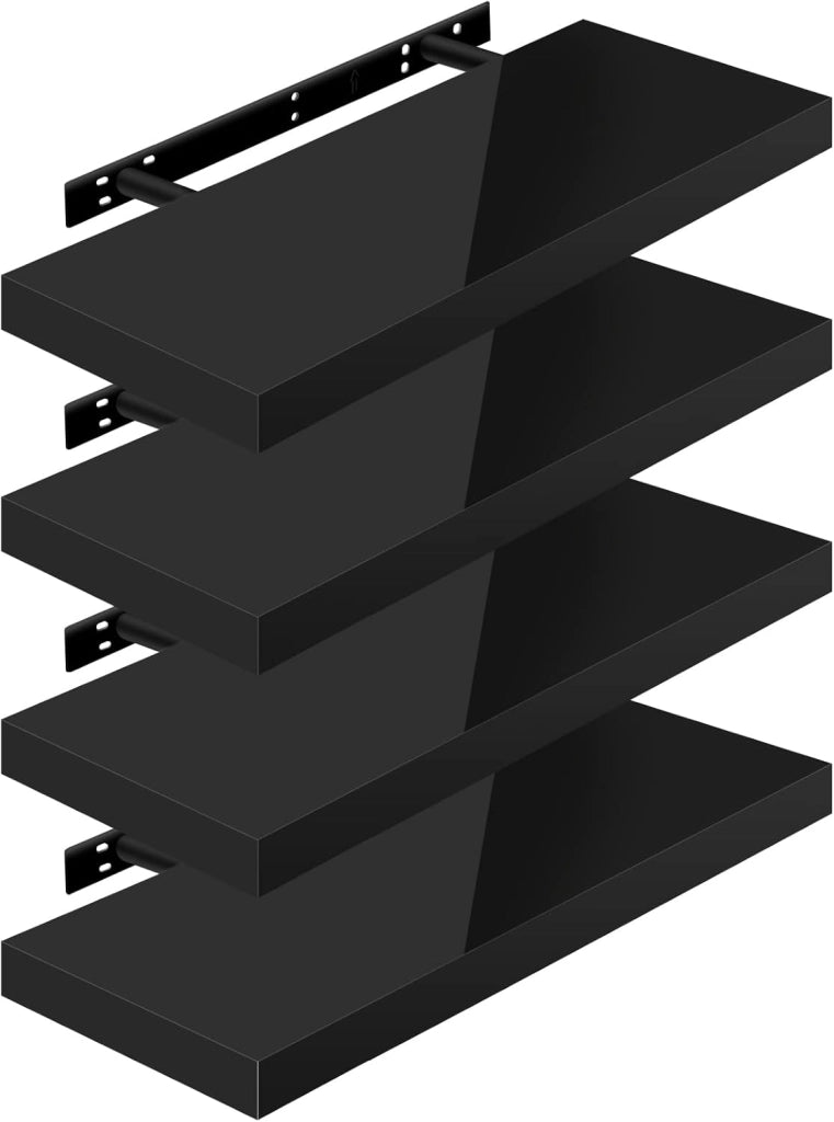 Mensola da Muro, Set di 4, Scaffale Sospeso da Parete Libreria Piccola per Soggiorno Cameretta Porta CD DVD, Pannello MDF 40x22,9x3,8cm, Nero, RG9476sz-4