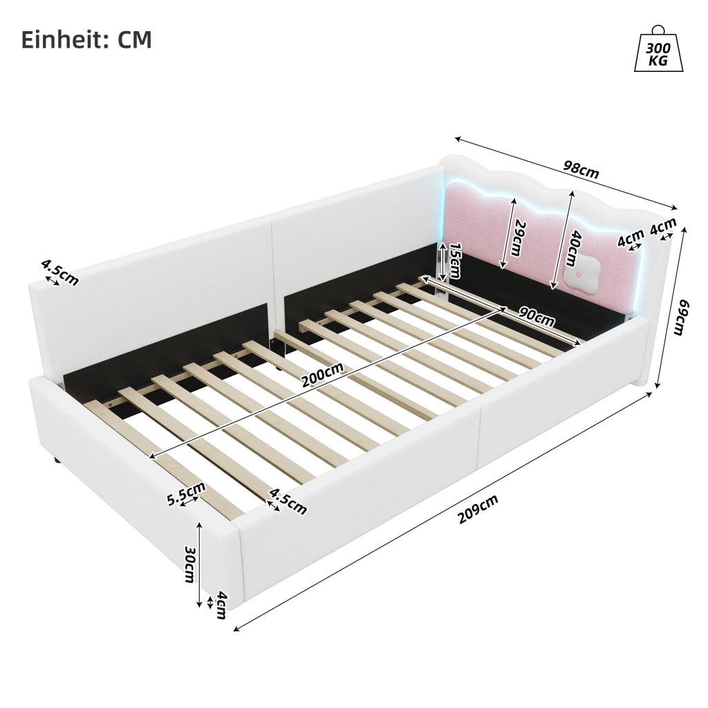 OKWISH Letto a Daybed 90×200 cm, Letto Singolo con LED Regolabile, Testiera Colour-Blocking, senza Materasso, in Velluto, Bianco
