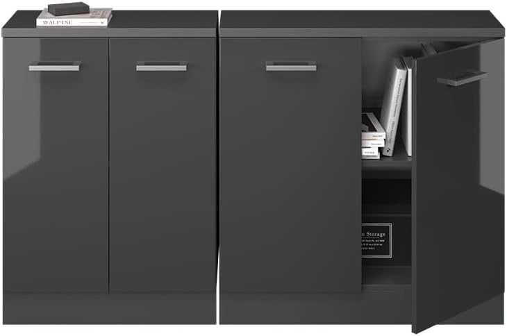 Set di mobili sottotetto Rion, Antracite lucido, 140 cm Set di 2 carcasse armadio profondità 60 cm, adatto per il salvaspazio sotto tetti spioventi
