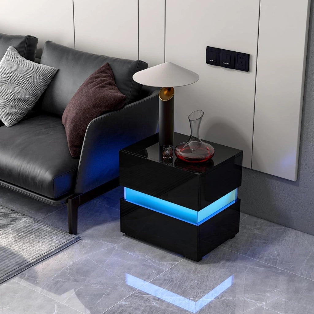 Tavolino comodino a LED con cassetti e telecomando, Comodino con 22 modalit¨¤ di luce, 10 velocit¨¤ e 5 luminosit¨¤ Nero