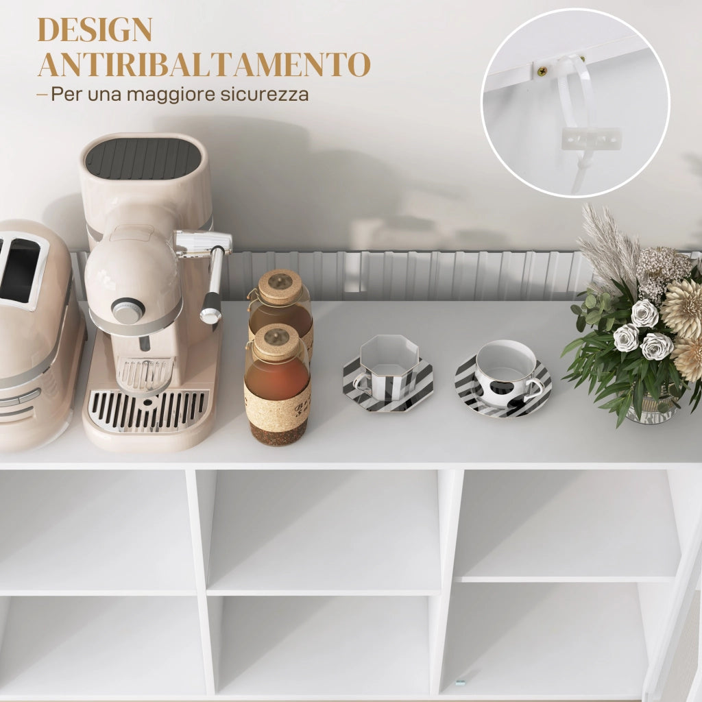 Mobile Buffet con 4 Ripiani Aperti Regolabili e Armadietto con Anta a Rete, Mobile Contenitore in Truciolato e Acciaio, 120x37x81.5 cm, Bianco