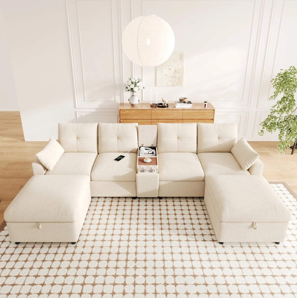 Divano angolare modulare 6 posti a U/L in ciniglia beige con 2 pouf contenitore e USB/Type-C