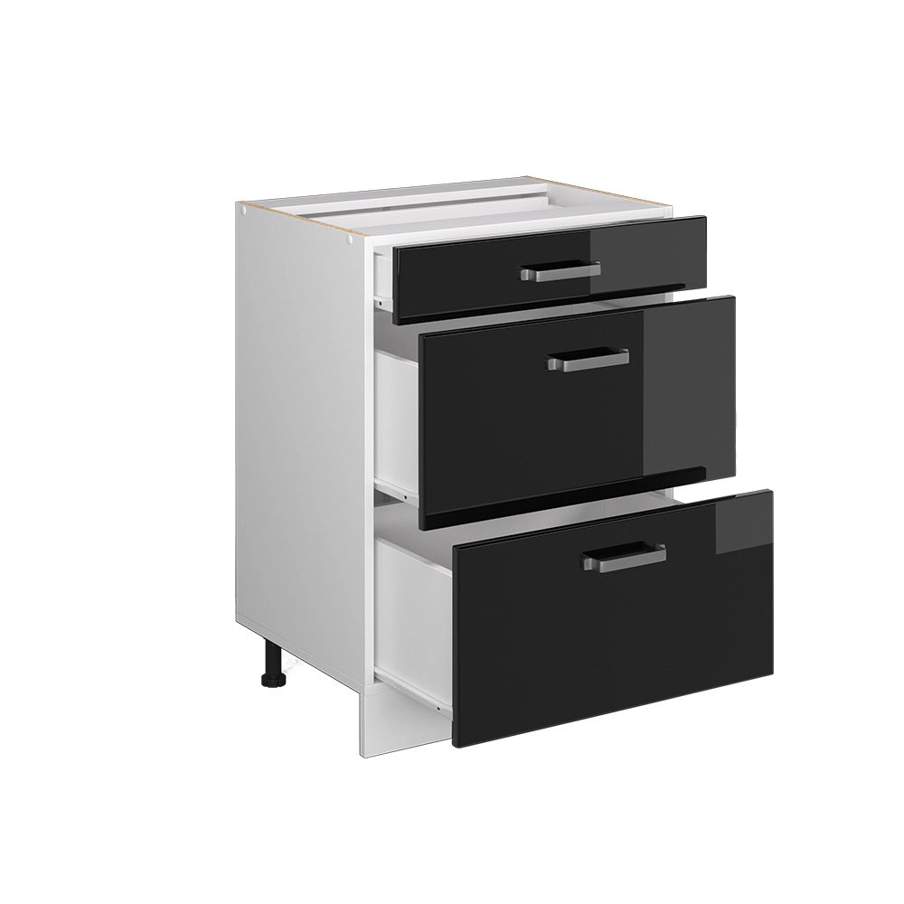 Mobiletto base per cucina R-Line Nero lucido/Bianco 60 cm con cassetti, senza piano di lavoro Vicco