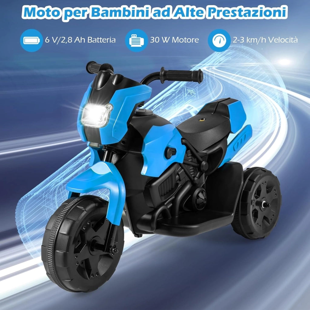 6V Moto Elettrica per Bambini, Moto a 3 Ruote con Fari LED, Pedale a Piedi, Veicolo Elettrico a Batteria per Bambini 37-72 Mesi (Blu)