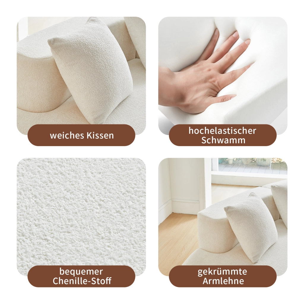 Divano ad angolo modulare a 3 posti con design curvo e cuscini decorativi, in tessuto bianco per soggiorno e appartamento