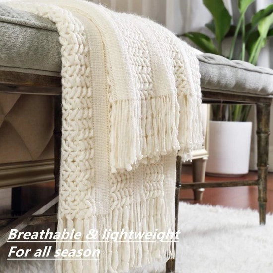 Decken di alta qualità per decorazione domestica - morbido, caldo e accogliente - leggero e con texture - ideale per primavera, estate e autunno - 127 cm x 152 cm - crema/bianco