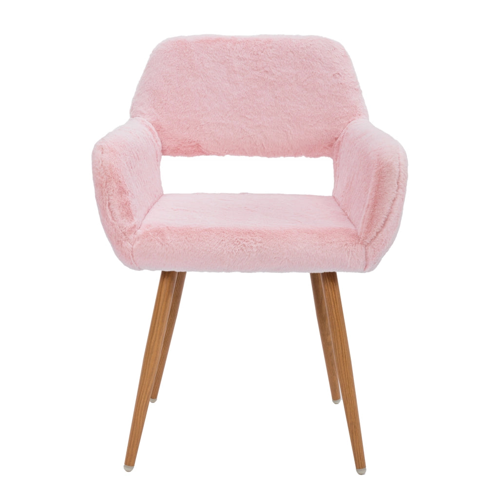 Sedia da pranzo in pelliccia sintetica con braccioli e gambe effetto legno, seduta confortevole rosa moderna