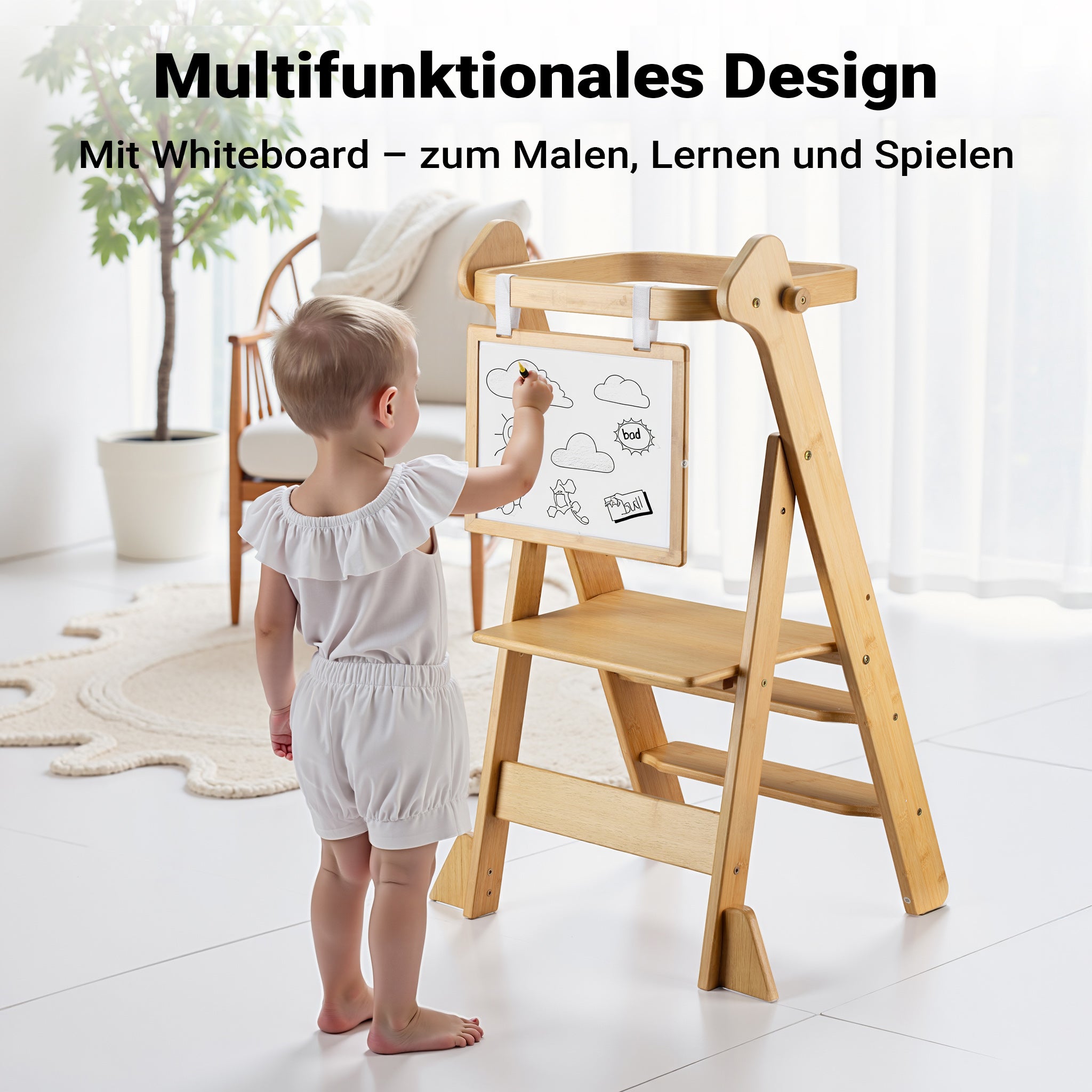 Torre di apprendimento pieghevole per bambini 43 x 48 x 91 cm in bambù, torre montessoriana regolabile in altezza per bambini, sgabello per bambini con barra di protezione