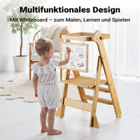 Torre di apprendimento pieghevole per bambini 43 x 48 x 91 cm in bambù, torre montessoriana regolabile in altezza per bambini, sgabello per bambini con barra di protezione