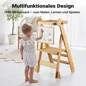 Torre di apprendimento pieghevole per bambini 43 x 48 x 91 cm in bambù, torre montessoriana regolabile in altezza per bambini, sgabello per bambini con barra di protezione