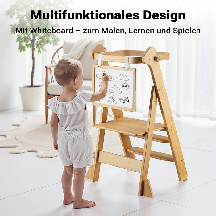 Torre di apprendimento pieghevole per bambini 43 x 48 x 91 cm in bambù, torre montessoriana regolabile in altezza per bambini, sgabello per bambini con barra di protezione