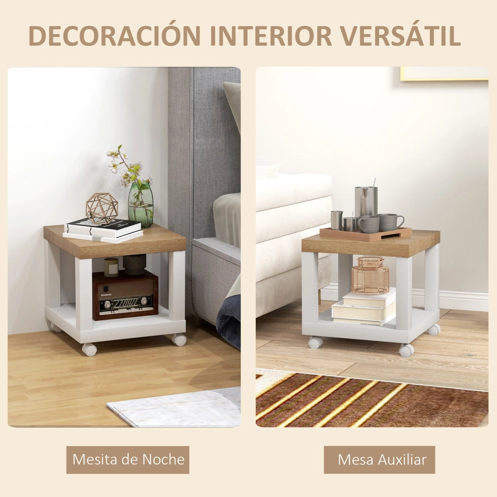 Tavolino con Ruote e Ripiano Aperto ¨C Zephmum ¨C Naturale e Bianco 40x40x40 cm
