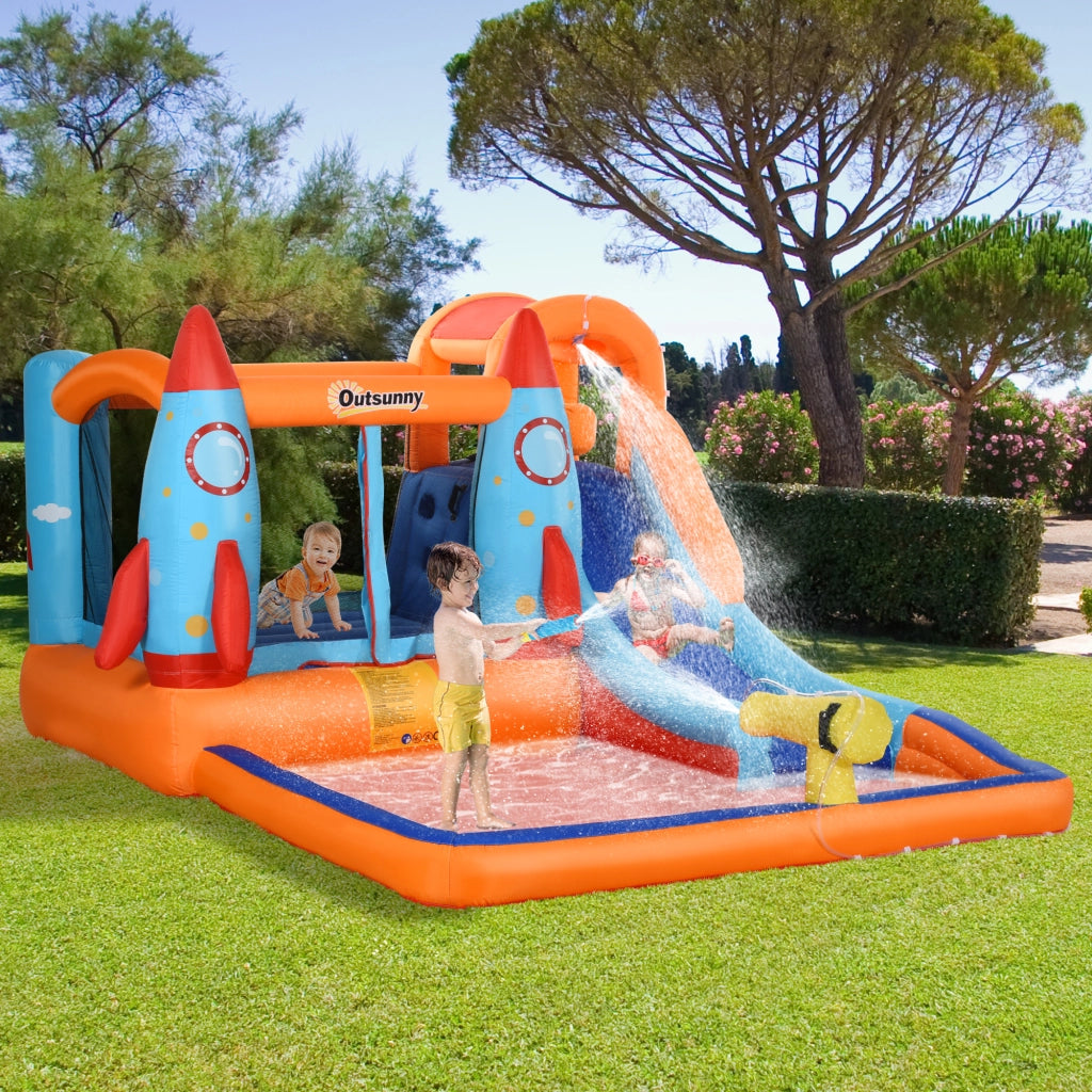 Castello Gonfiabile per Bambini Piscina con Scivolo e Trampolino, Pompa Elettrica, 350x250x185cm, Multicolore