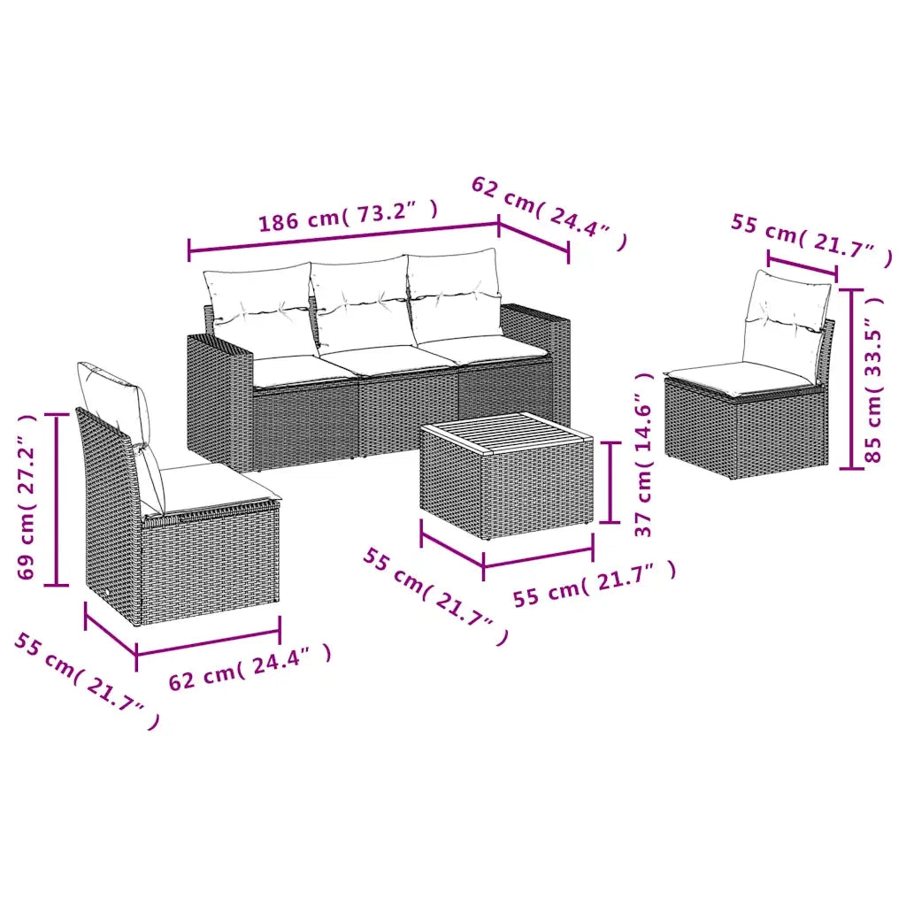 Set Divani da Giardino 6 pz con Cuscini Nero in Polyrattan