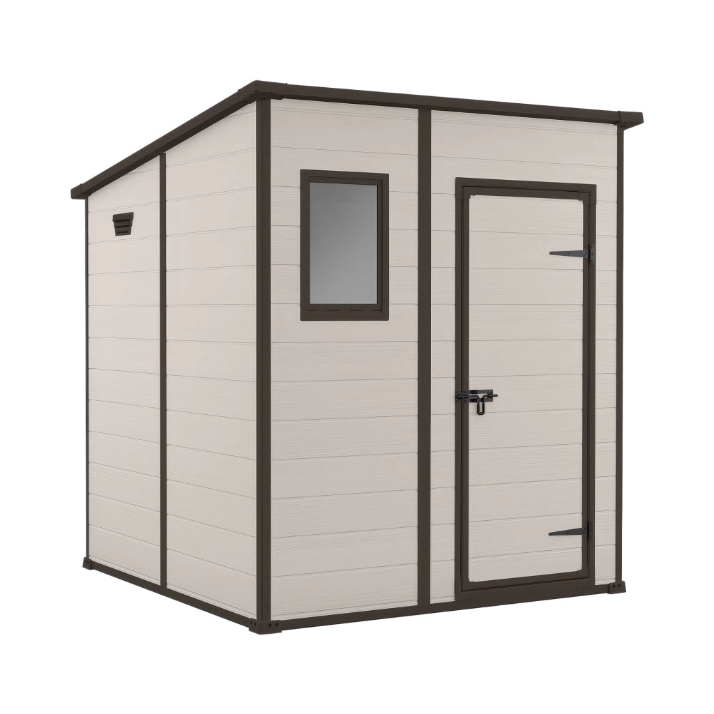 Manor Pent 6x6 - Casetta da Giardino 183,50x200x185 cm 1 Anta per deposito attrezzi finitura effetto legno graffiato in Resina Beige