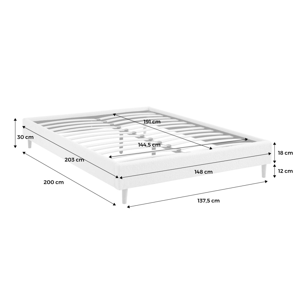 Struttura letto con rete a doghe, finitura bouclé, bianco, bianco