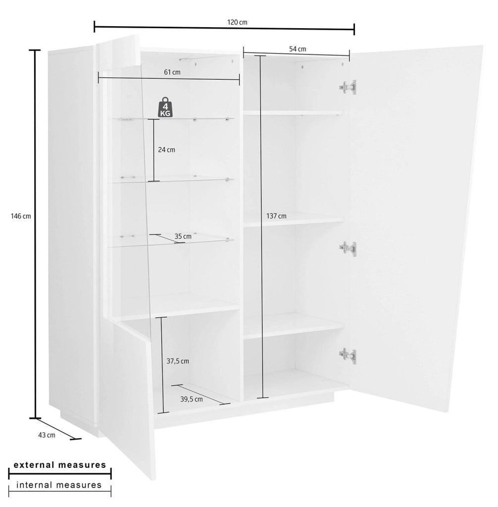 Vetrina 2 Ante 120x43x146 cn Vega Bianco Lucido