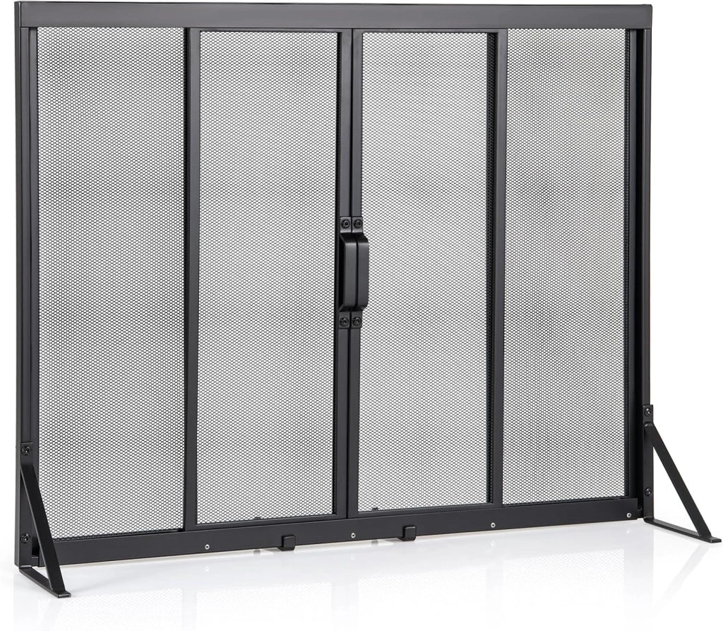 Schermo per Camino con Porte Scorrevoli in Metallo, Parascintille Protettivo 89 x 72/96 x 79 CM per Isolare Scintille e Cenere, Parascintille Camino con Supporto Triangolare (89 x 72 cm)