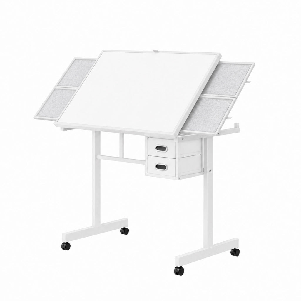 Scrivania dritta con piano coperto e 4 cassetti in feltro, ruote bloccabili, per hobby, MDF e metallo, bianca