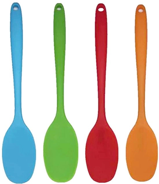 Set di cucchiai in silicone da 4 pezzi, lunga spatola, spatola, cucchiaio da cucina, set di cucchiai con lunga maniglia, resistente al calore fino a 230°C per cucinare e cuocere, 28,3 cm (blu, rosso, verde, arancione)