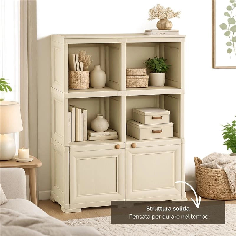 ARMADIO IN PLASTICA 79X43X125 CM EFFETTO LEGNO CON SCAFFALI APERTI E MODULO CHIUSO ANGORA, MOBILE CONTENITORE DA INTERNO E VERANDA