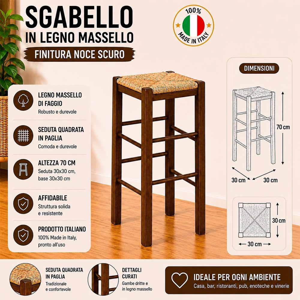 Sgabello h 70 cm in legno noce scuro con seduta quadrata in paglia gambe dritte