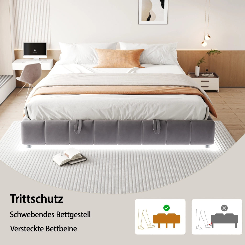 Letto imbottito 180x200 cm con contenitore idraulico e luce LED bianca; grigio