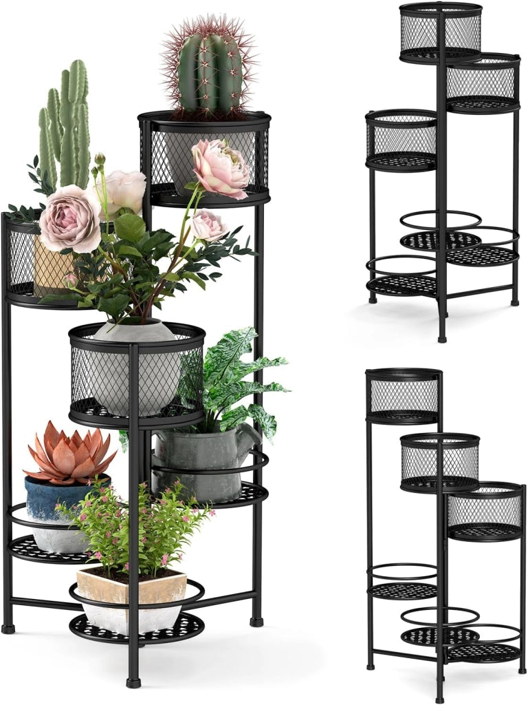 Porta Piante da Interno Pieghevole, Scaffale per Piante e Fiori in Metallo a 6 Livelli,Porta Vasi Salvaspazio da Balcone e Salotto, 41 x 39 x 82 cm (Nero)