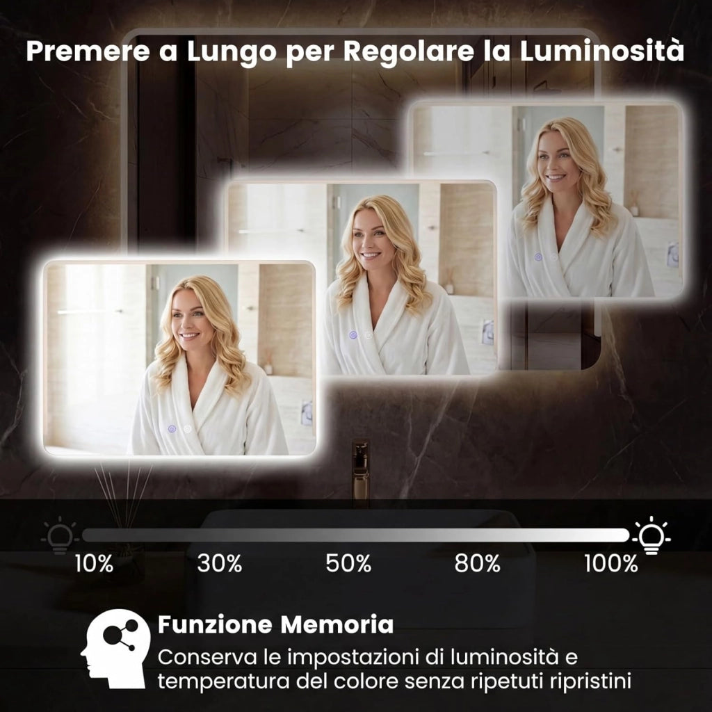 Specchio da Bagno LED 70 x 50 Cm, Vetro Temperato Anti-Esplosione, Specchio da Parete Retroilluminato Dimmerabile con Luci a 3 Colori e Antiappannamento, per Lavabo (70 x 50 x 3 cm)