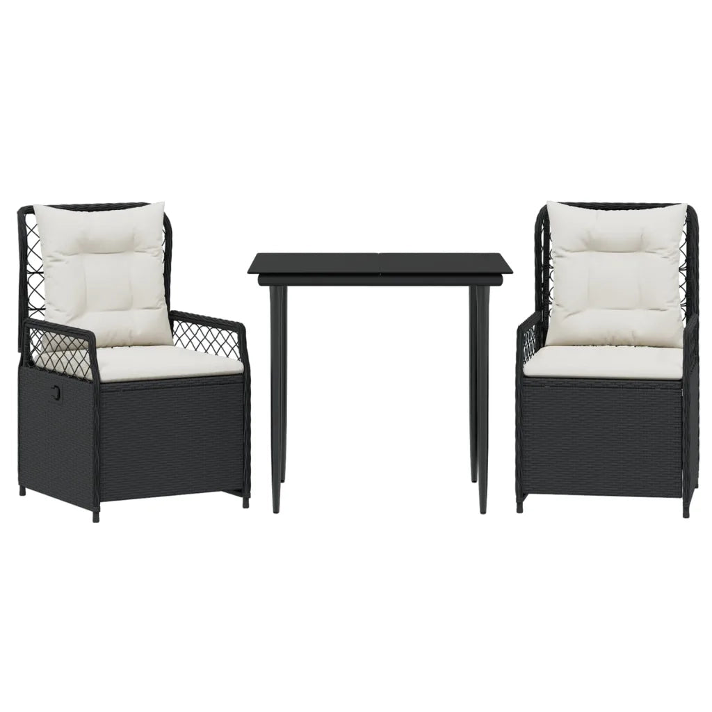 Set da Pranzo da Giardino 3 pz | Set Salotto da Giardino con Cuscini Nero in Polyrattan