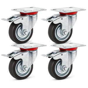 Set 4 ruote piroettanti, freno doppio blocco, Rotella 75mm max 50kg, metallo e gomma piena
