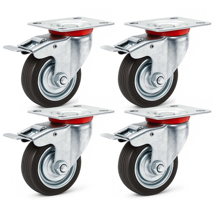 Set 4 ruote piroettanti, freno doppio blocco, Rotella 75mm max 50kg, metallo e gomma piena